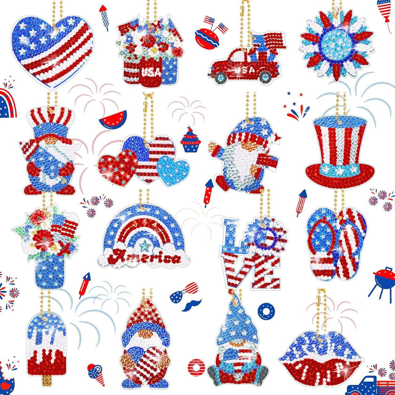 16-Piece 4th of July Diamond Painting Keychain Kit – Patriotic Red, White & Blue American Gnome DIY Diamond Art Keychains for Memorial Day and Independence Day Crafts (Adults)